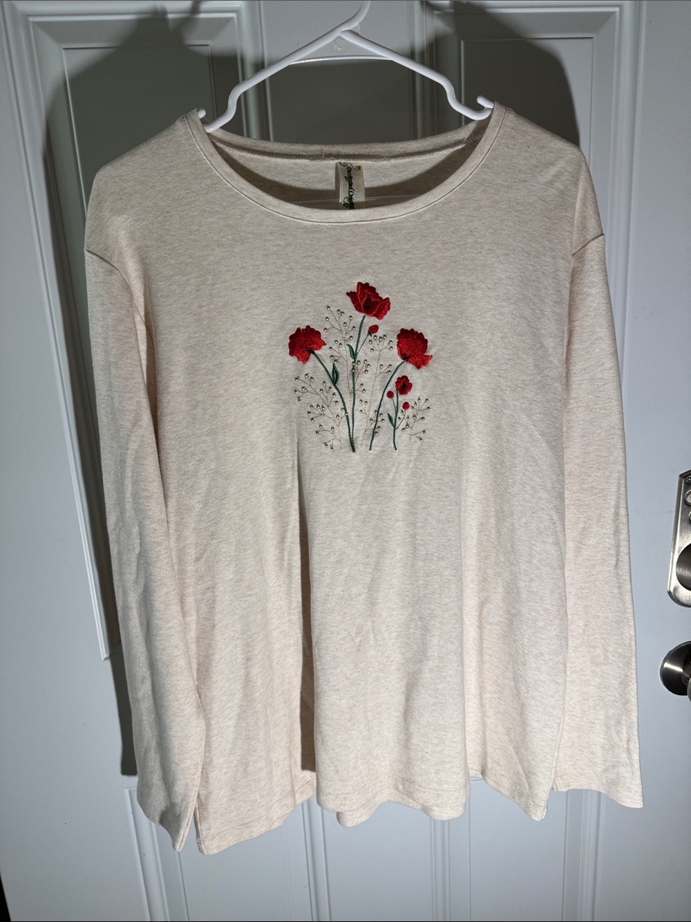 Cream Long-Sleeve Floral Embroidered Tee